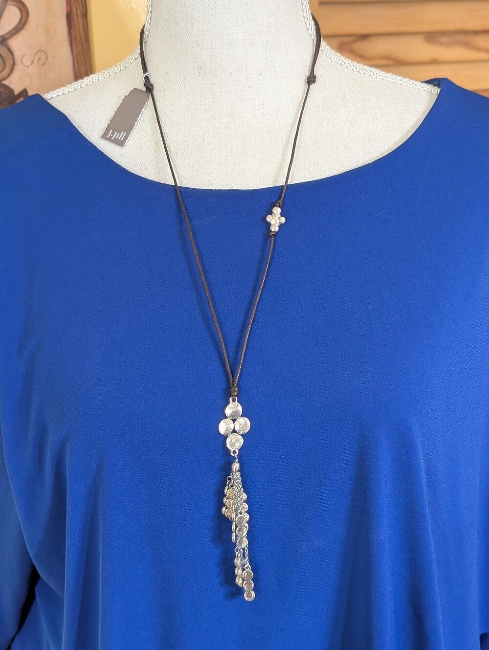 J. Jill Silvertone Cluster Tassel Pendant Necklace on Brown Adjustable Cord NWT